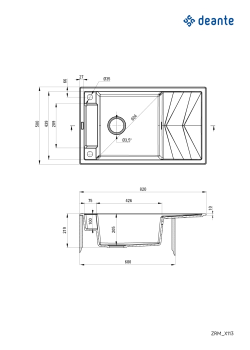 Мойка кухонная прямоугольная Deante Magnetic, гранит, с крылом, 820х500х219мм, чаша - 1, накладная, черный матовый ZRM_N113