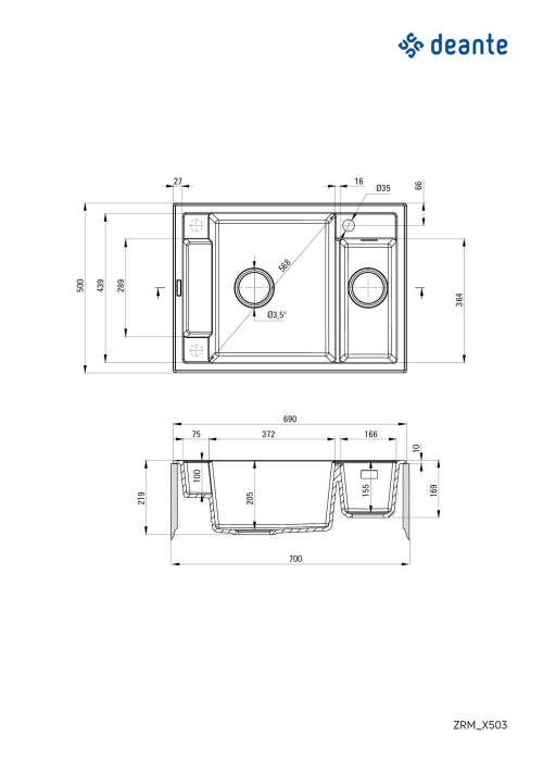 Мойка кухонная прямоугольная Deante Magnetic, гранит без крыла, 690х500х219мм.5, накладная, алебастр ZRM_A503