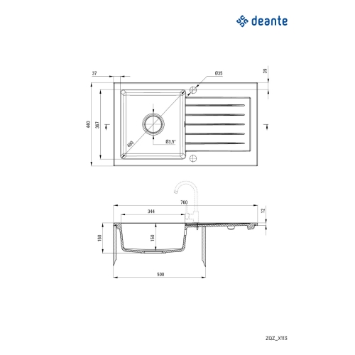 Мойка кухонная прямоугольная Deante Zorba, гранит с крылом, 760х440х160мм, накладная, графит ZQZ_2113