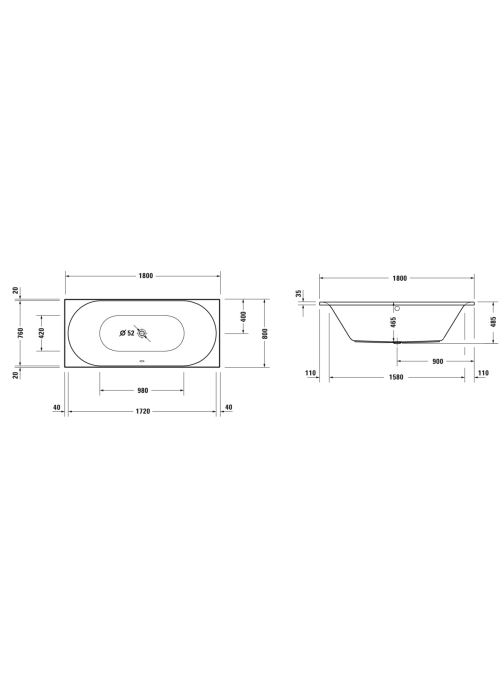 Ванна акрилова Duravit D-Neo 180x80 см, злив по центру, білий 700476000000000