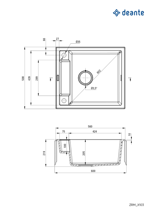 Мойка кухонная квадратная Deante Magnetic, гранит, без крыла, 560х500х219мм, врезная, антрацит ZRM_T103