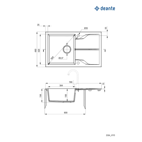 Мийка кухонна Deante Andante, граніт, прямокутник, з крилом, 780х490х194мм, чаша - 1, накладна, чорний ZQN_N113