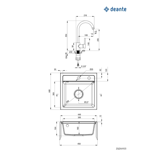 Набір для кухні Deante Zorba, гранітна мийка ZQZ_7103 + змішувач Deante  BEN_762M, пісок ZQZA7103
