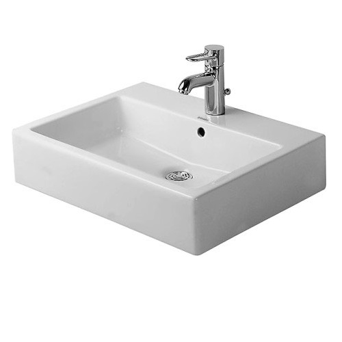 Раковина прямокутна Duravit Vero, накладна/підвісна, 595x465 мм, з отвором для змішувача, з переливом, білий 0452600000