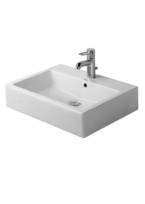 Раковина прямокутна Duravit Vero, накладна/підвісна, 595x465 мм, з отвором для змішувача, з переливом, білий 0452600000