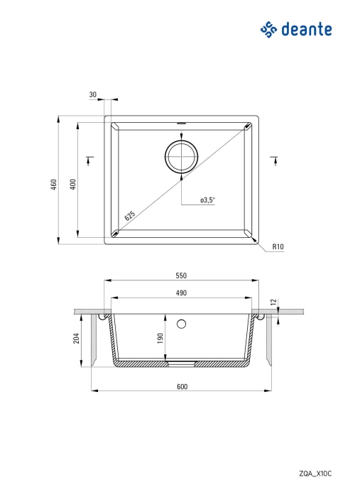Мойка кухонная квадратная Deante Corda, гранит, без крыла, 550х460х204мм, врезная, черный ZQA_N10C