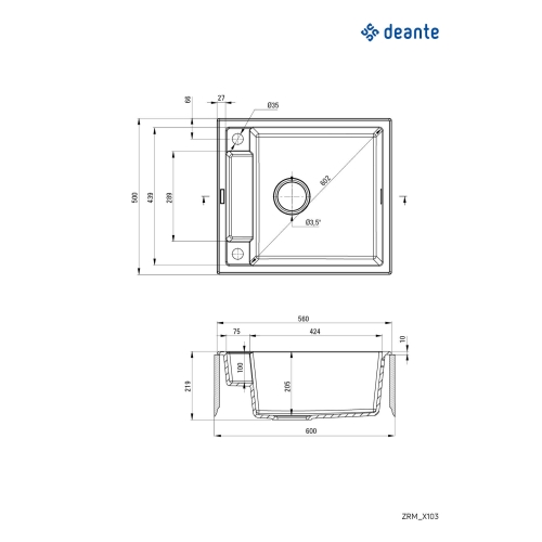 Мийка кухонна Deante Magnetic, граніт, квадрат, без крила, 560х500х219мм, чаша - 1, накладна, алебастр ZRM_A103