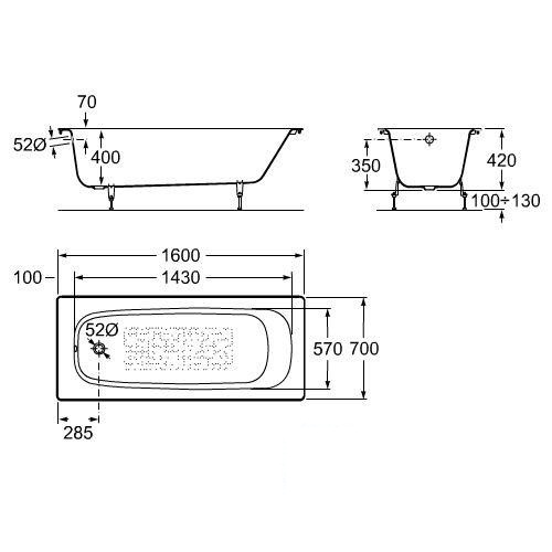 Ванна чугунная Roca CONTINENTAL 160 x 70 без ножек (21291200R)/212912001