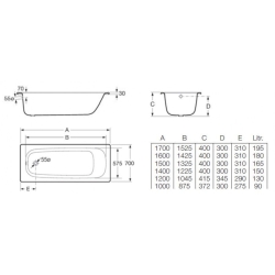 Ванна Roca CONTESA 170 x 70 прямокутна, без ніжок A235860000