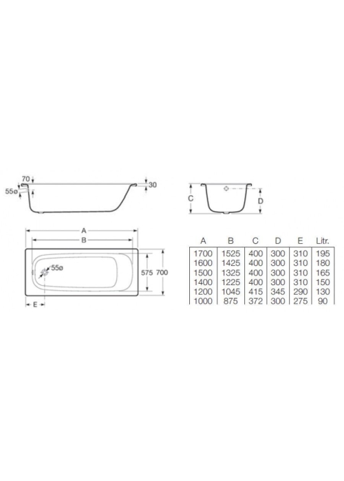 Ванна Roca CONTESA 170 x 70 прямокутна, без ніжок A235860000