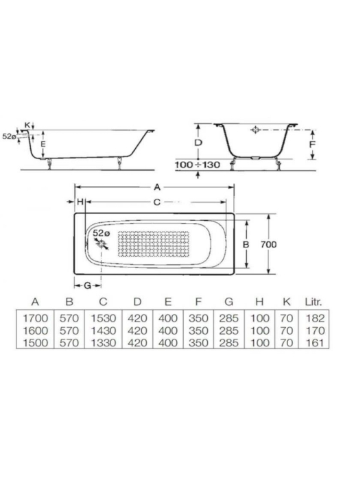 Ванна чугунная Roca CONTINENTAL 170 x 70 без ножек (21291100R)