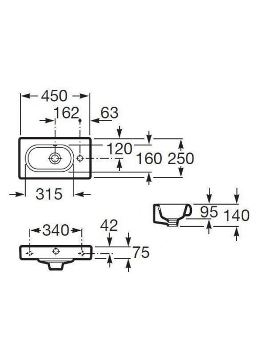 Раковина подвесная Roca MERIDIAN-N COMPACTO 45 см, с отверстием