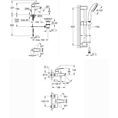 Комплект змішувачів для ванни Grohe Eurosmart New UA123238S0 (33265003+33300003+27926001)