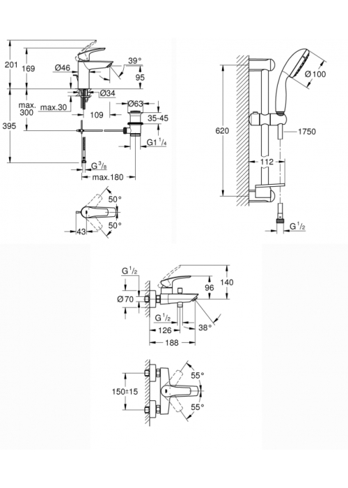 Комплект змішувачів для ванни Grohe Eurosmart New UA123238S0 (33265003+33300003+27926001)