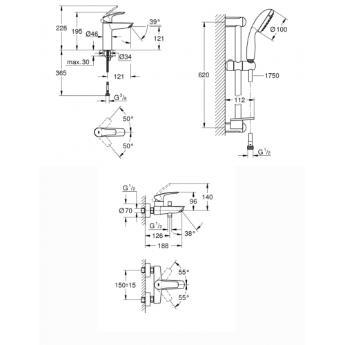 Комплект змішувачів для ванни Grohe Eurosmart New UA123246M0 (23324003+33300003+27926001)