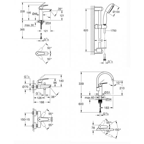 Комплект змішувачів для ванни + змішувач для кухні Grohe Eurosmart New UA123248MK