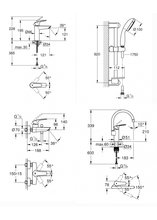 Комплект змішувачів для ванни + змішувач для кухні Grohe Eurosmart New UA123248MK