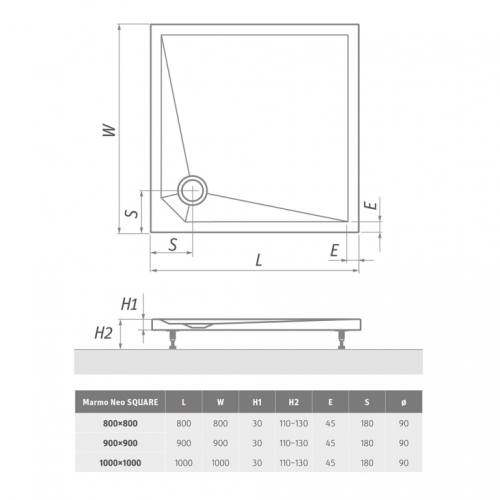 Душовий піддон Roth Marmo Neo Square 800x800 White, MAN SQ 080080 2E