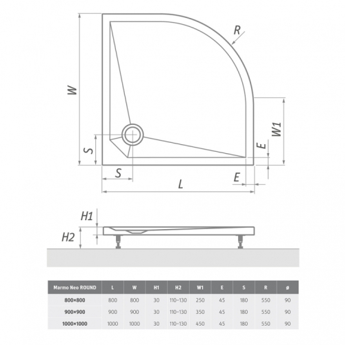 Душовий піддон Roth Marmo Neo Round 800x800 R:550 White, MAN RO 080080 2E