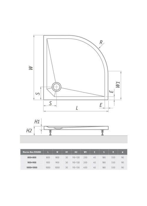 Душовий піддон Roth Marmo Neo Round 800x800 R:550 White, MAN RO 080080 2E