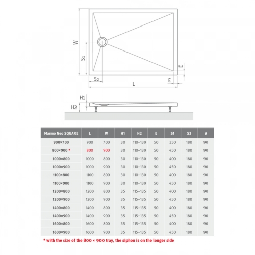 Душовий піддон Roth Marmo Neo Square 800x900 White, MAN SQ 080090 2E