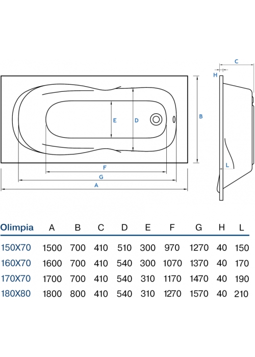 Ванна акрилова прямокутна Koller Pool Olimpia 150x70 + сифон + ніжки (OLIMPIA150X70+WBW0001+B70CМMA-57)