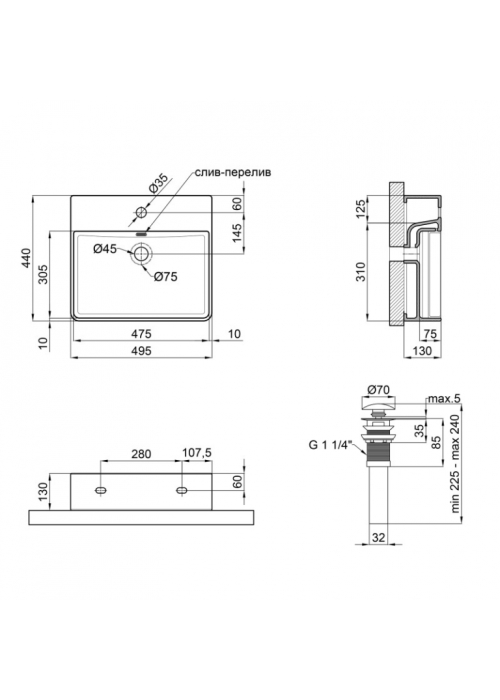 Раковина Qtap Nando LT 50x42x12 Matt black з донним клапаном QT12112173SMBMB