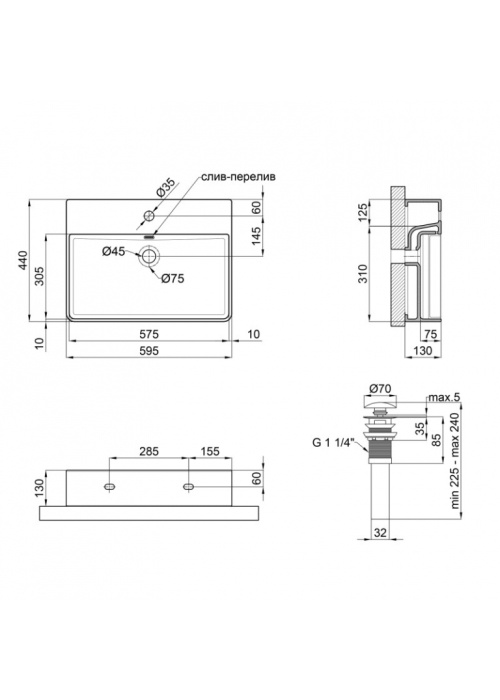 Раковина Qtap Nando LT 60x42x12 White с донным клапаном QT12112173W