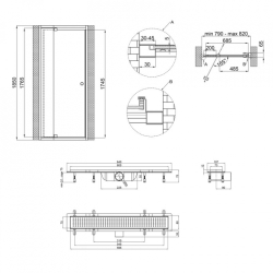 Набор Qtap дверь в нишу Pisces WHI208-9.CP5 79-92х185 см, стекло Pattern 5 мм + трап линейный Qtap Dry FB304-600 с сухим затвором и нержавеющей решеткой 600х73 мм QTDRYFB304600PISWHI2089CP5