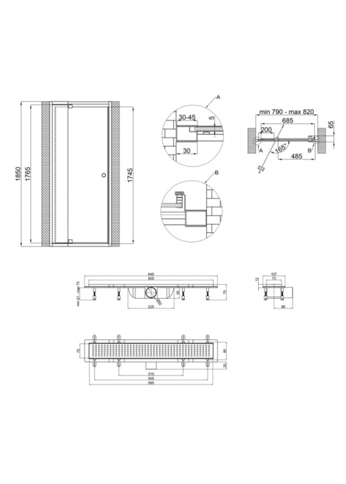 Набор Qtap дверь в нишу Pisces WHI208-9.CP5 79-92х185 см, стекло Pattern 5 мм + трап линейный Qtap Dry FB304-600 с сухим затвором и нержавеющей решеткой 600х73 мм QTDRYFB304600PISWHI2089CP5