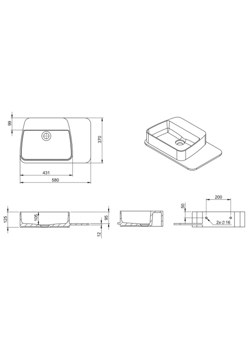 Раковина подвесная каменная Volle Solid surface с полочкой 58х37 см белый 13-40-415