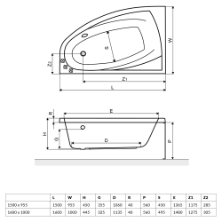 Ванна акрилова RADAWAY RINEIA 150x095 (WA1-31-150x095LS) + ніжки (NWE-68) + сифон R135L