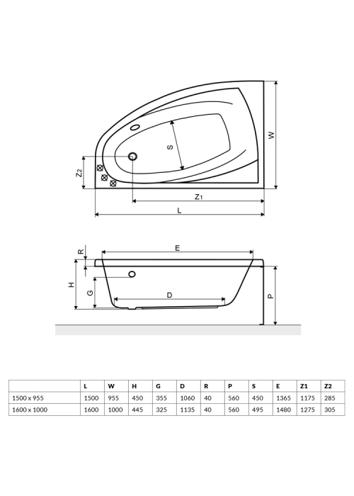 Ванна акриловая RADAWAY RINEIA 150x095 (WA1-31-150x095LS) + ножки (NWE-68) + сифон R135L