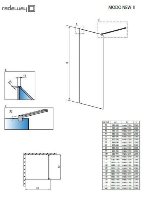 Душевая перегородка Radaway Modo II New 500x2000 хром/прозрачное стекло 389054-01-01