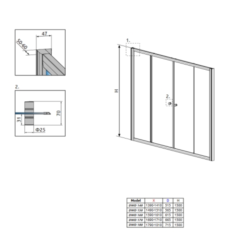 Шторка для ванни Radaway Vesta DWD 1700x1500 хром/фабрик 203170-06