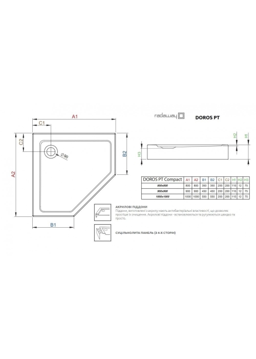 Душевой поддон Radaway Doros PT Compact 1000x1000x115 белый SDRPT1010-05