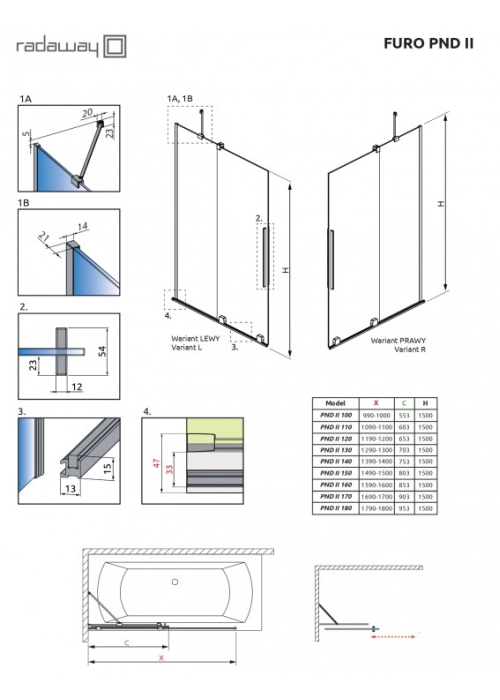 Шторка для ванны Radaway Furo Black PND II 538Lx1500 чёрный/прозрачное стекло 10109538-54-01L