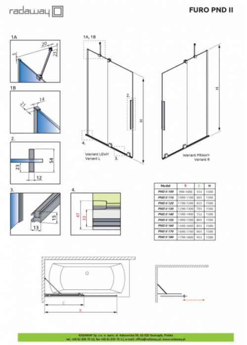 Шторка для ванны Radaway Furo Black PND II 538Rx1500 чёрный/прозрачное стекло 10109538-54-01R