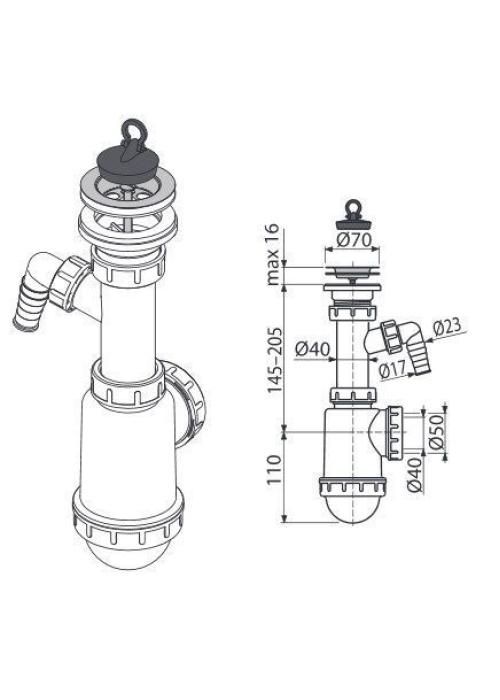 Сифон Alcaplast A441P-DN50/40 для миття з нержавіючої решіткою d70