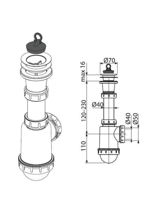 Сифон Alcaplast A442-DN50/40 для миття з пластмасовою решіткою