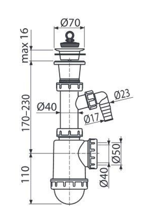 Сифон Alcaplast A442P-DN50/40 для миття з пластмасовою решіткою