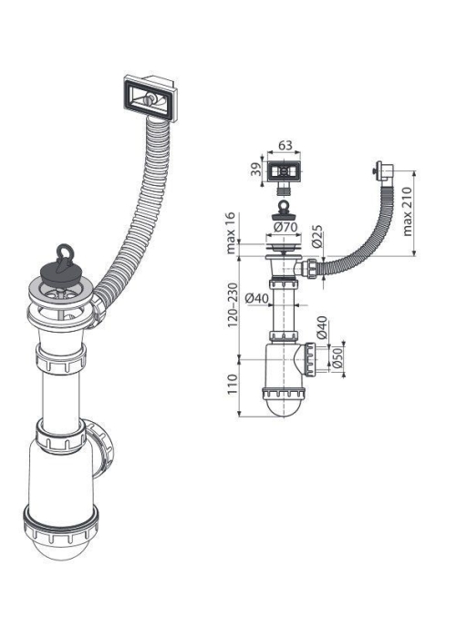 Сифон Alcaplast A444-DN50/40 для миття з нержавіючої решіткою d70 та гофропереливом