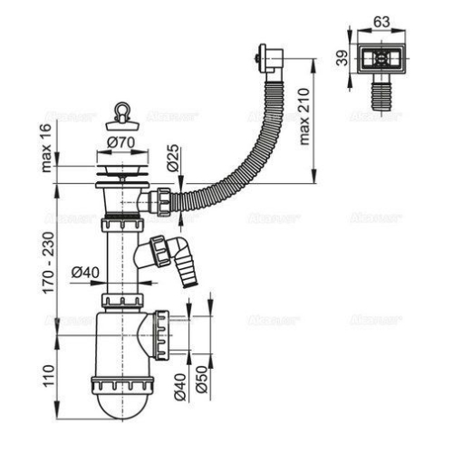 Сифон Alcaplast A444P-DN50/40 для миття з нержавіючої решіткою d70 гофропереливом та підведенням