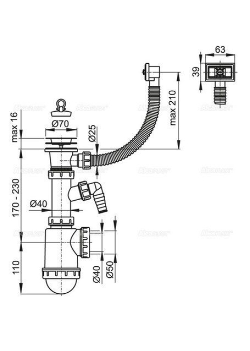 Сифон Alcaplast A444P-DN50/40 для миття з нержавіючої решіткою d70 гофропереливом та підведенням