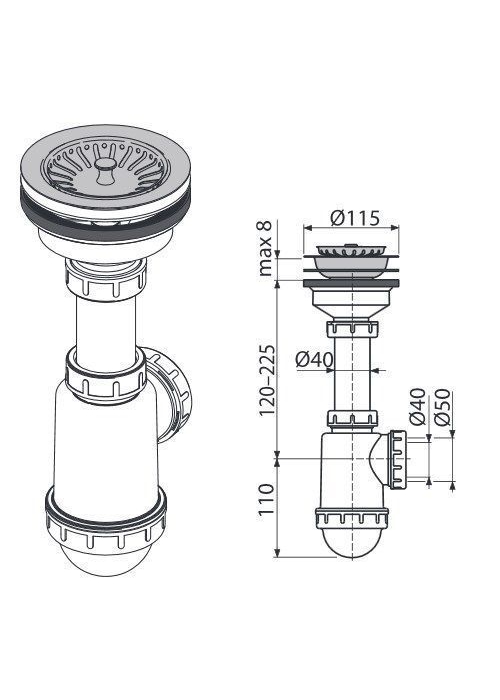 Сифон Alcaplast A446-DN50/40 для миття з нержавіючої решіткою d115