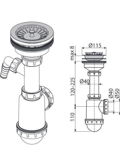 Сифон Alcaplast A446P-DN50/40 для миття з нержавіючої решіткою d115