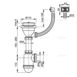 Сифон Alcaplast A447-DN50/40 для миття з нержавіючої решіткою d115 та гофропереливом