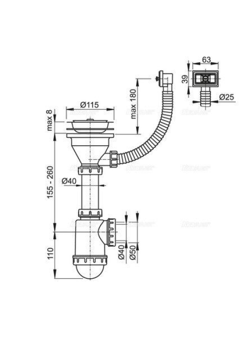 Сифон Alcaplast A447-DN50/40 для миття з нержавіючої решіткою d115 та гофропереливом