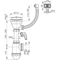 Сифон Alcaplast A447P-DN50/40 для миття з нержавіючої решіткою d115 та гофропереливом та штуцером