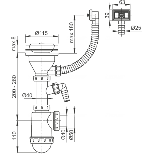 Сифон Alcaplast A447P-DN50/40 для миття з нержавіючої решіткою d115 та гофропереливом та штуцером